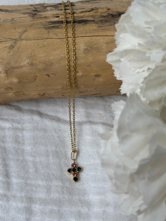 Chain Necklace with Mini Colorful Cross